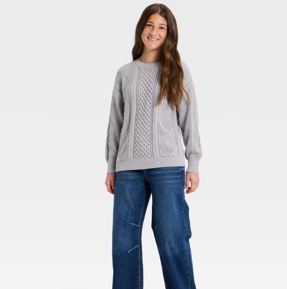 Girls' Heather Gray Cable Knit Sweater